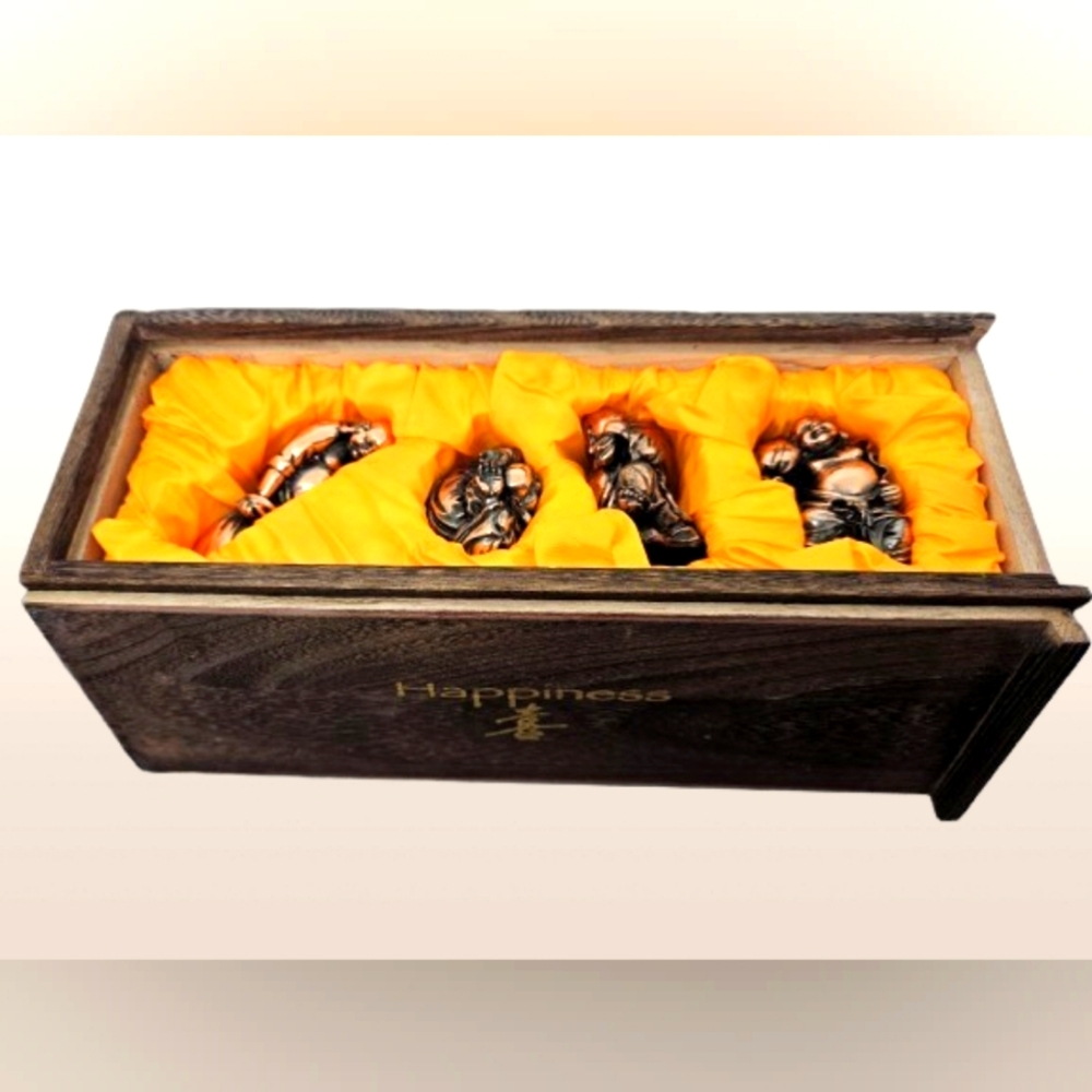 Wooden Box Set of 4 Happiness Buddha Figurines with Square Silk Scarf